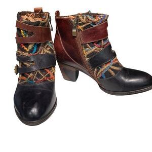 Spring Step L’Artiste Redding Ankle Boot Leather&Fabric Multi-Color Block Heel 7